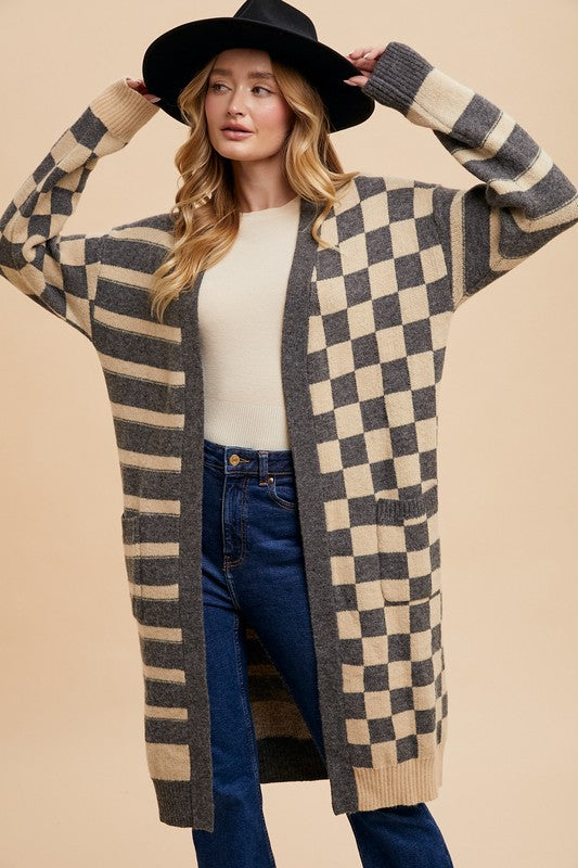 ZsaZsa Checkered & Striped Open Front Long Sleeve Cardigan