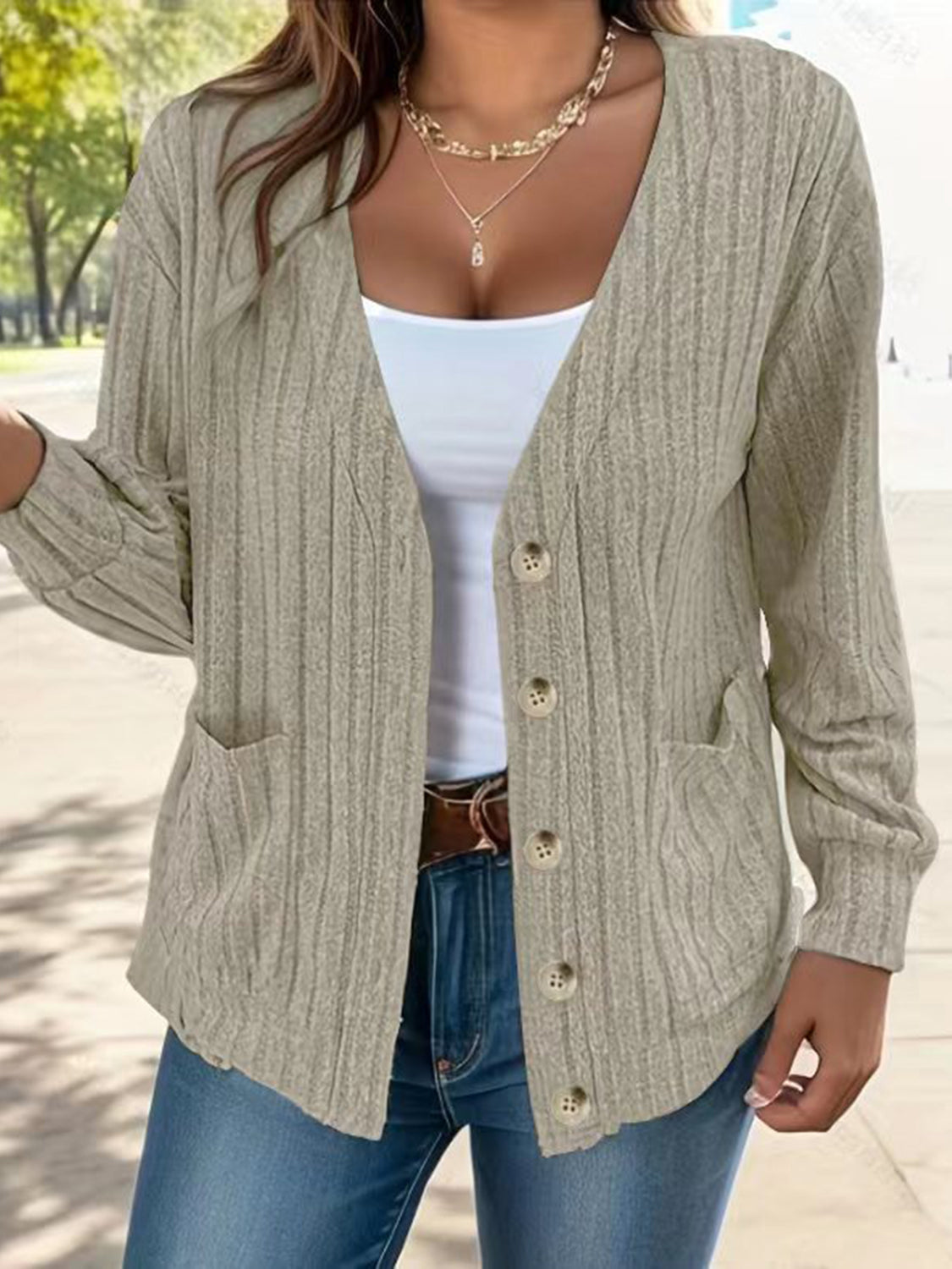 Button Up V-Neck Long Sleeve Cardigan