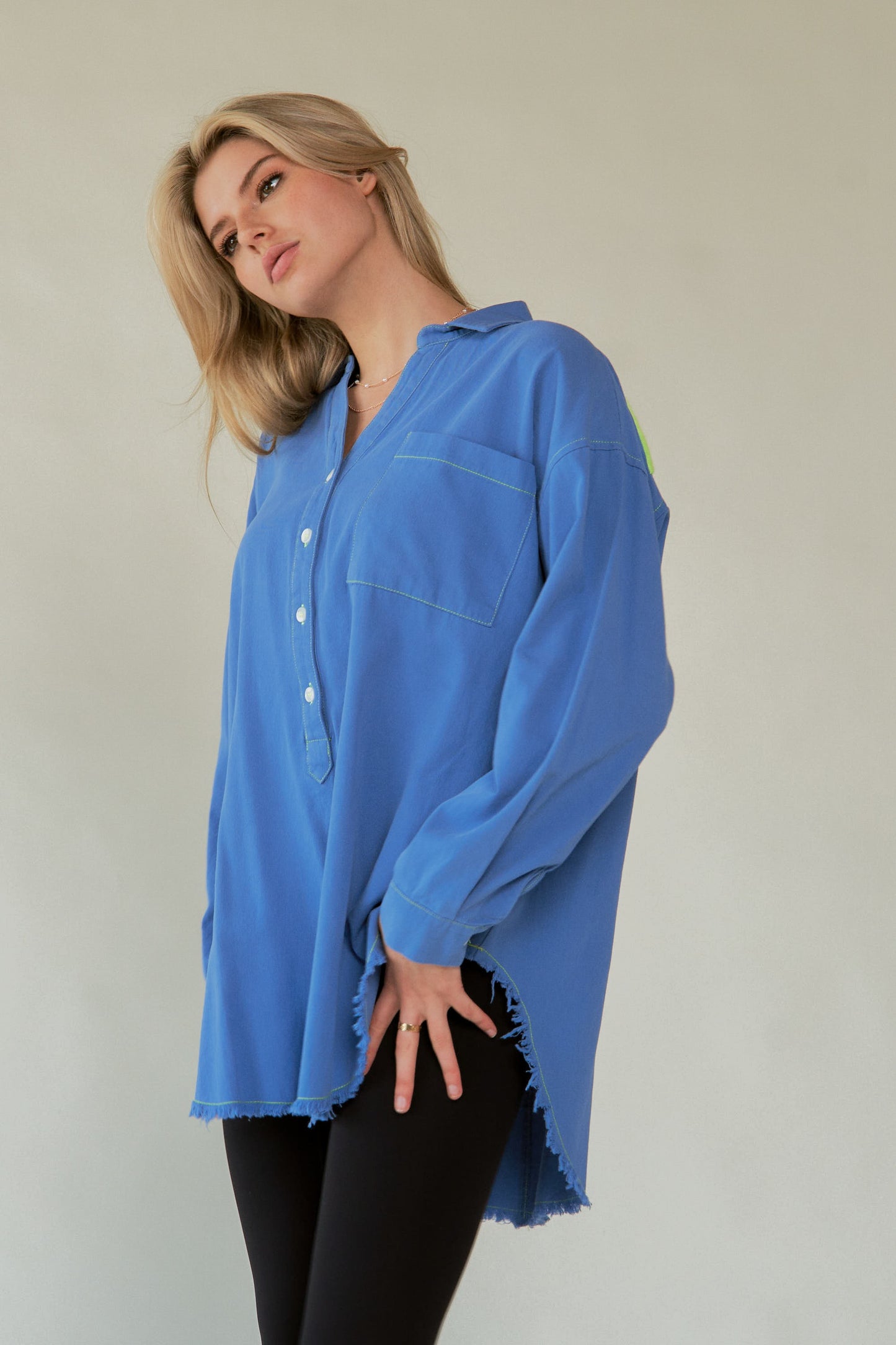 AMOR Letter Back Raw Hem Half Button Shirt