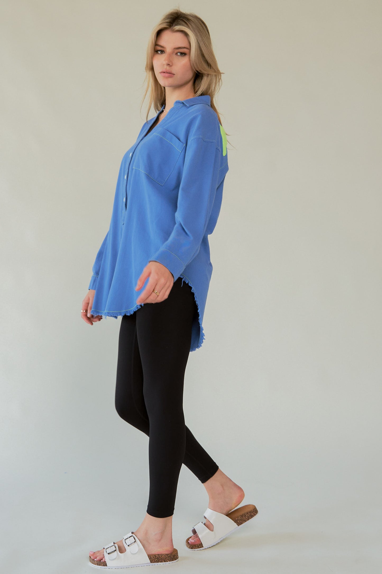 AMOR Letter Back Raw Hem Half Button Shirt