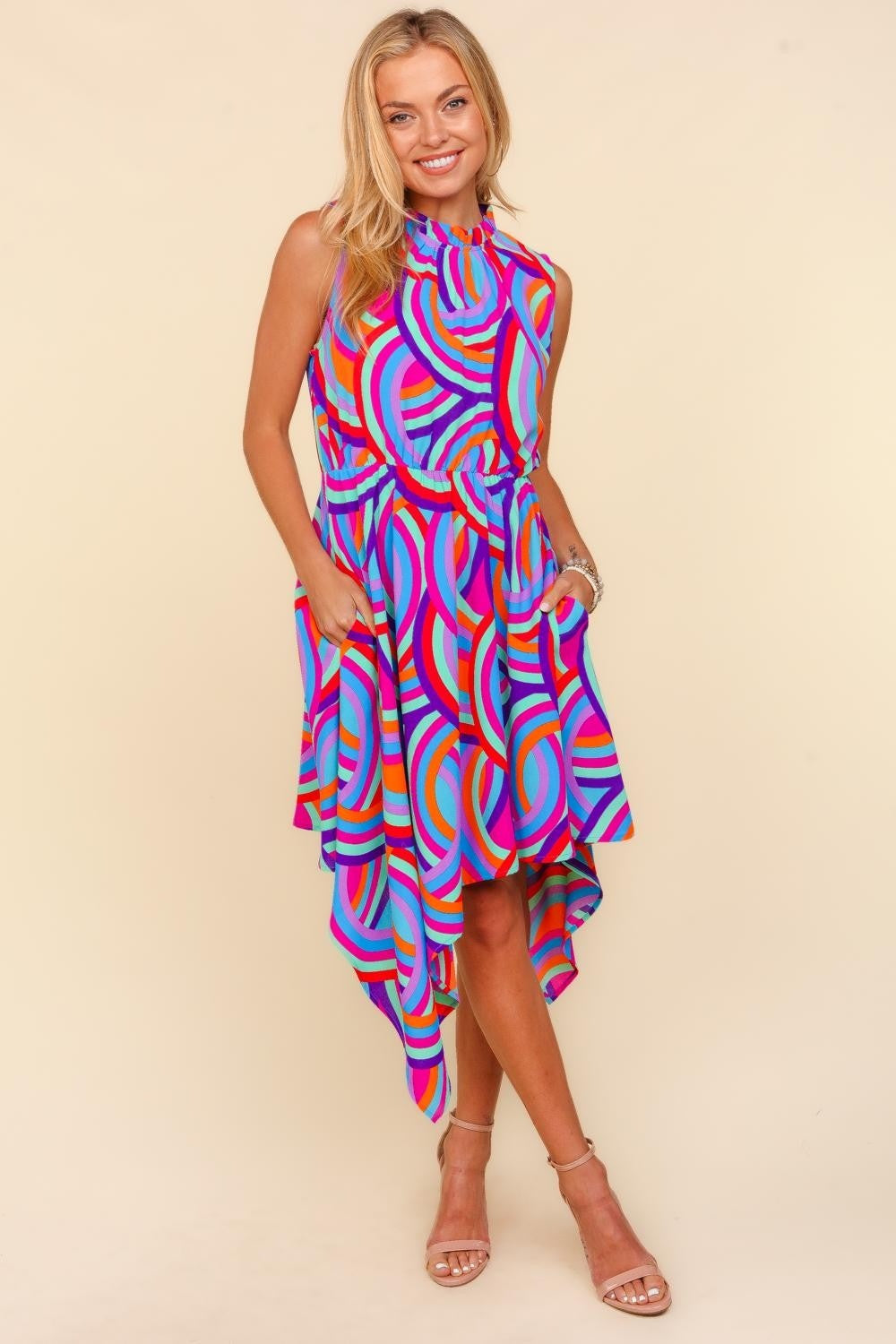 Kaleidoscope Mock Neck Sleeveless Printed Dress