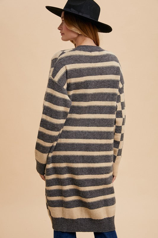 ZsaZsa Checkered & Striped Open Front Long Sleeve Cardigan
