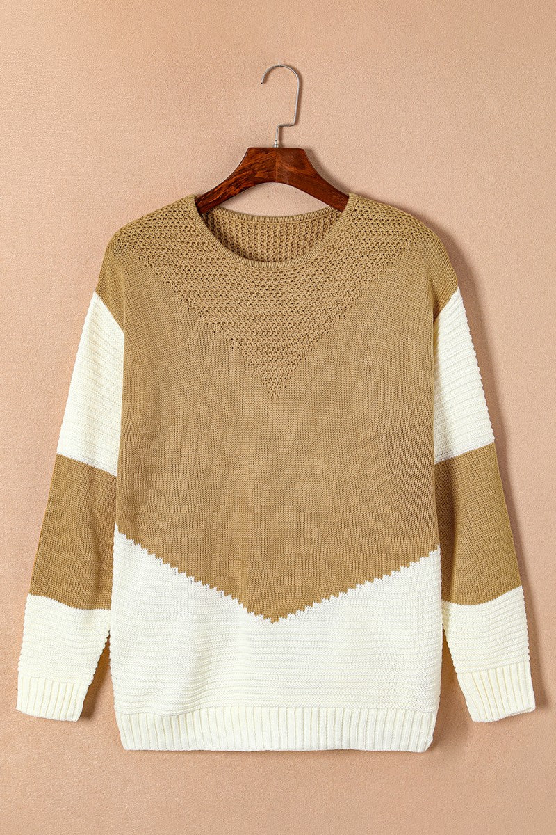 Color Block Round Neck V Inlay Long Sleeve Sweater