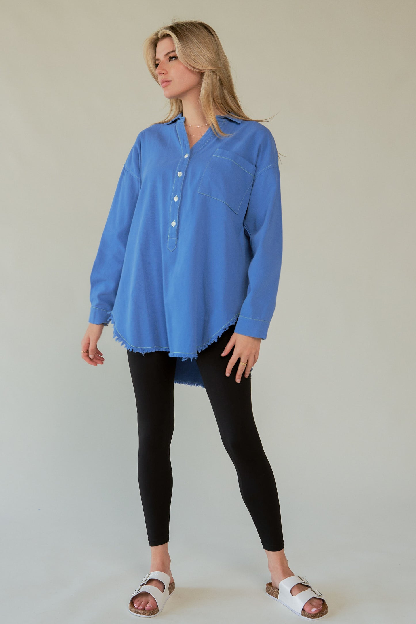 AMOR Letter Back Raw Hem Half Button Shirt