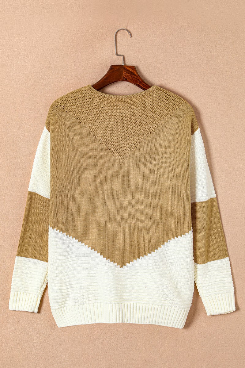 Color Block Round Neck V Inlay Long Sleeve Sweater