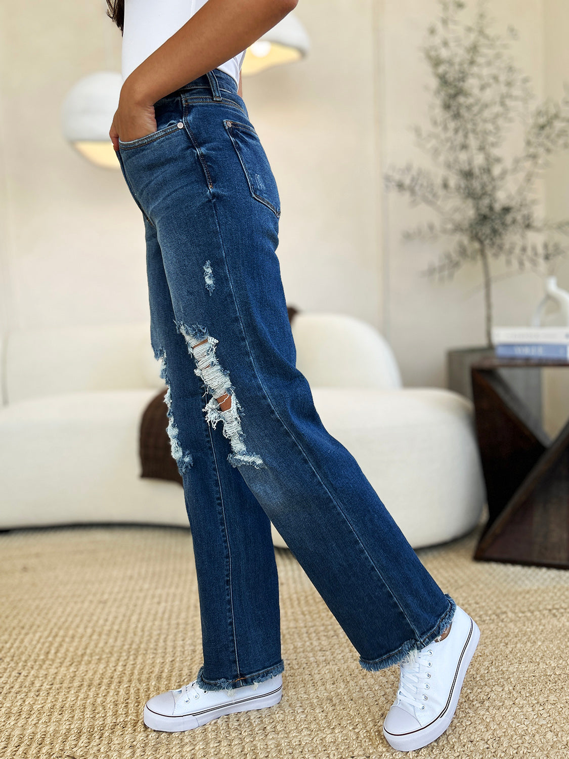 Raquel Mid Rise Distressed Raw Hem Jeans