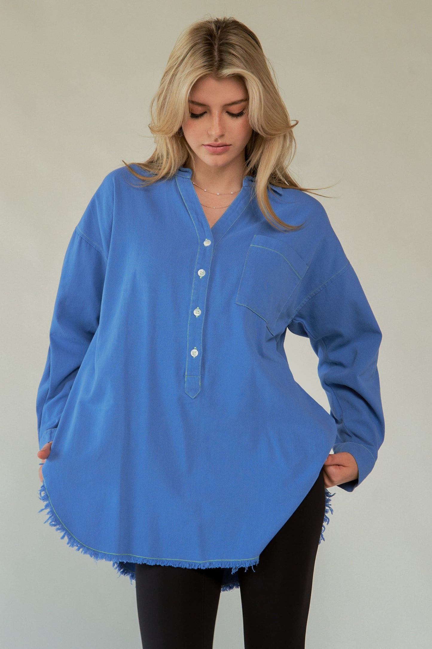 AMOR Letter Back Raw Hem Half Button Shirt