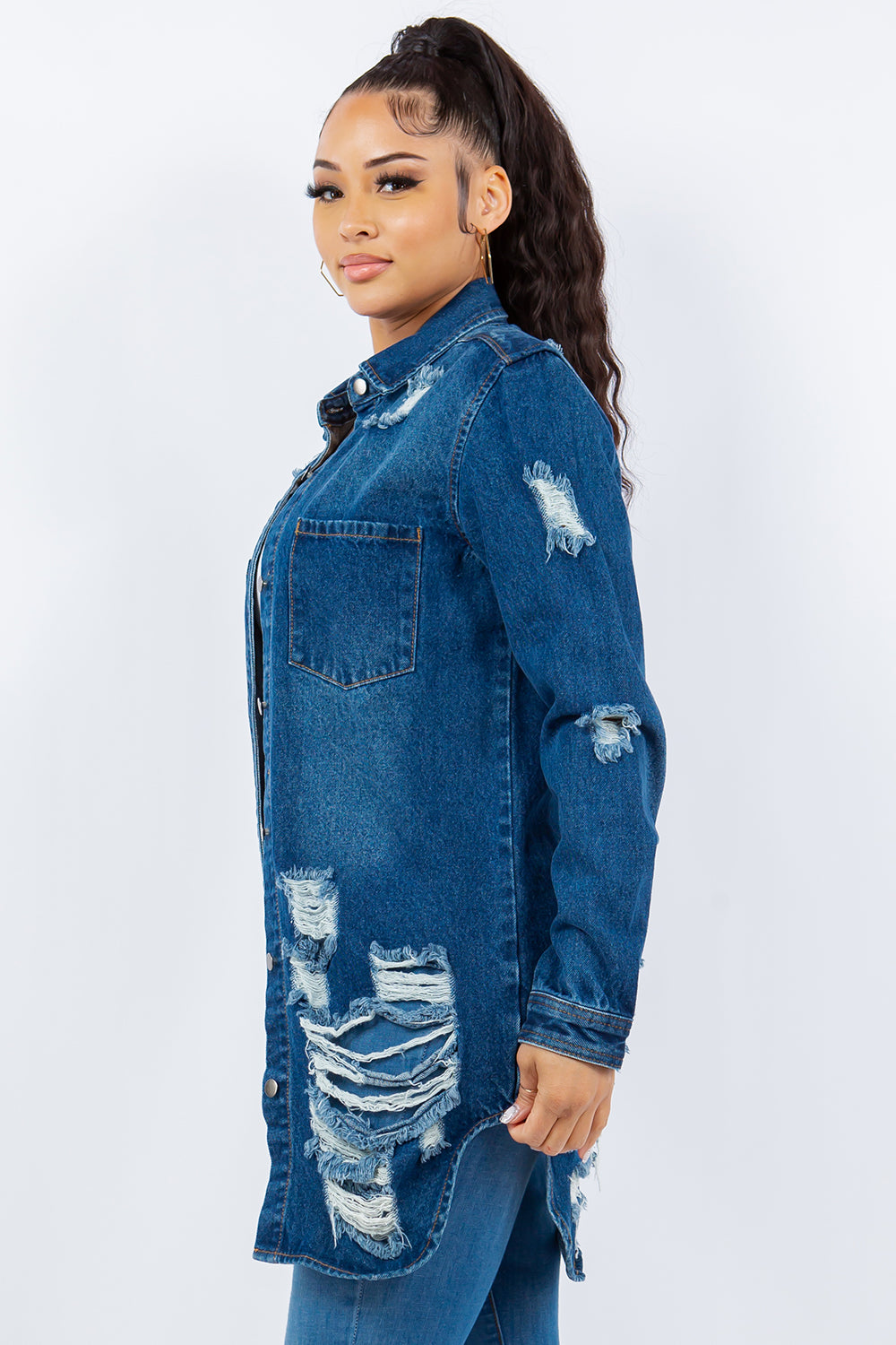 Distressed Button Up Long Sleeve Denim