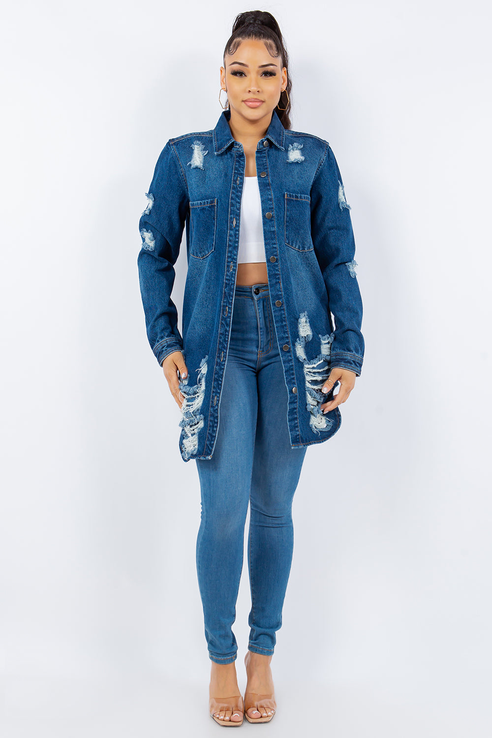Distressed Button Up Long Sleeve Denim