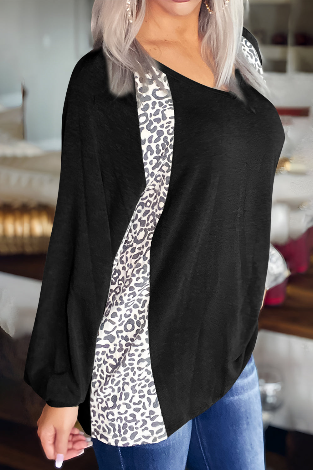 Leopard V-Neck Long Sleeve T-Shirt