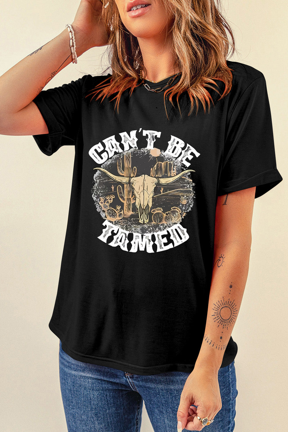CAN'T BE TAMED Graphic Round Neck Short Sleeve T-Shirt
