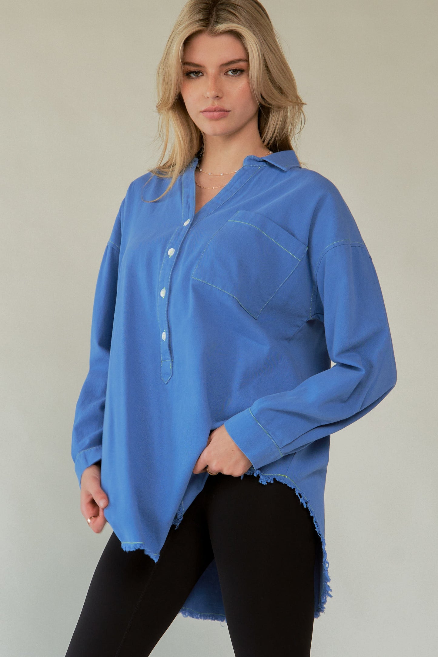 AMOR Letter Back Raw Hem Half Button Shirt