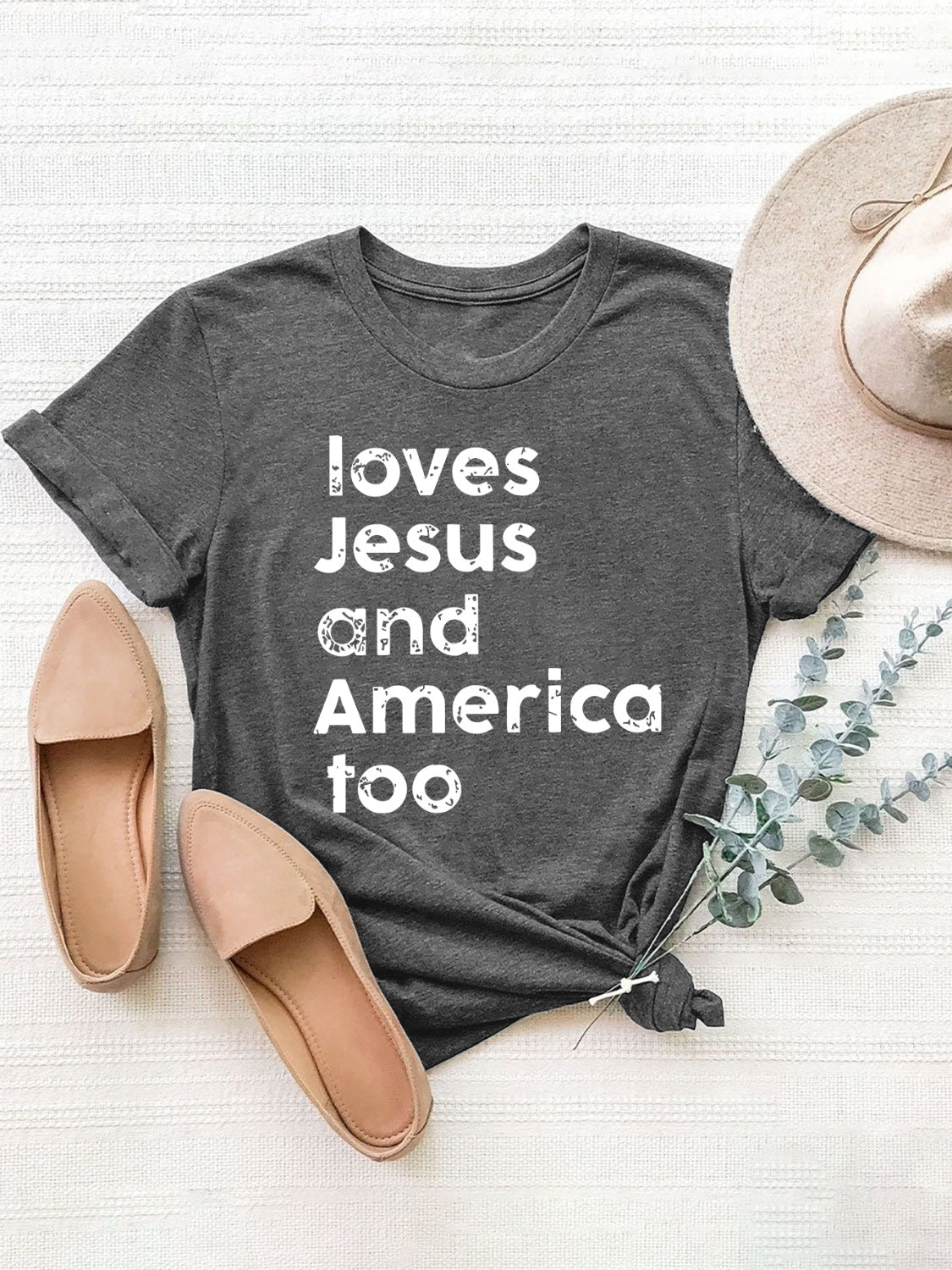 JESUS AMERICA LOVE Graphic Round Neck Short Sleeve T-Shirt