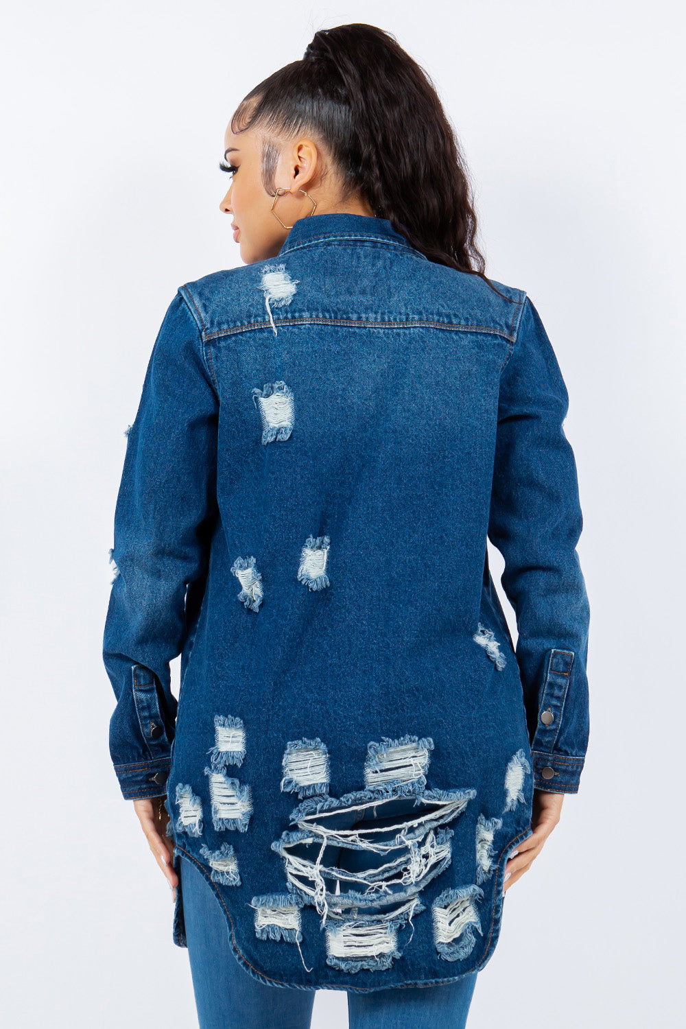 Distressed Button Up Long Sleeve Denim