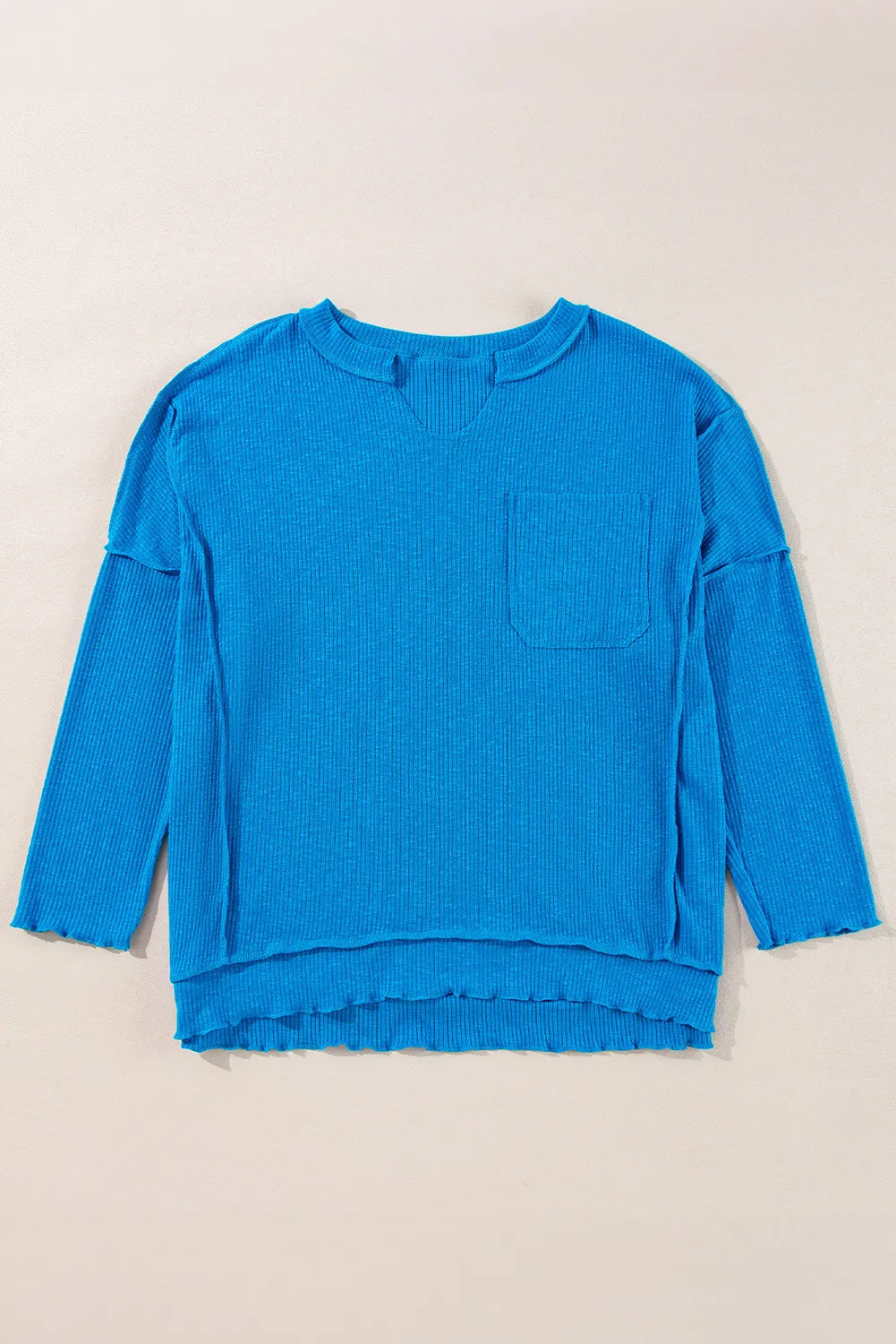 Exposed Seam Notched Long Sleeve Blouse