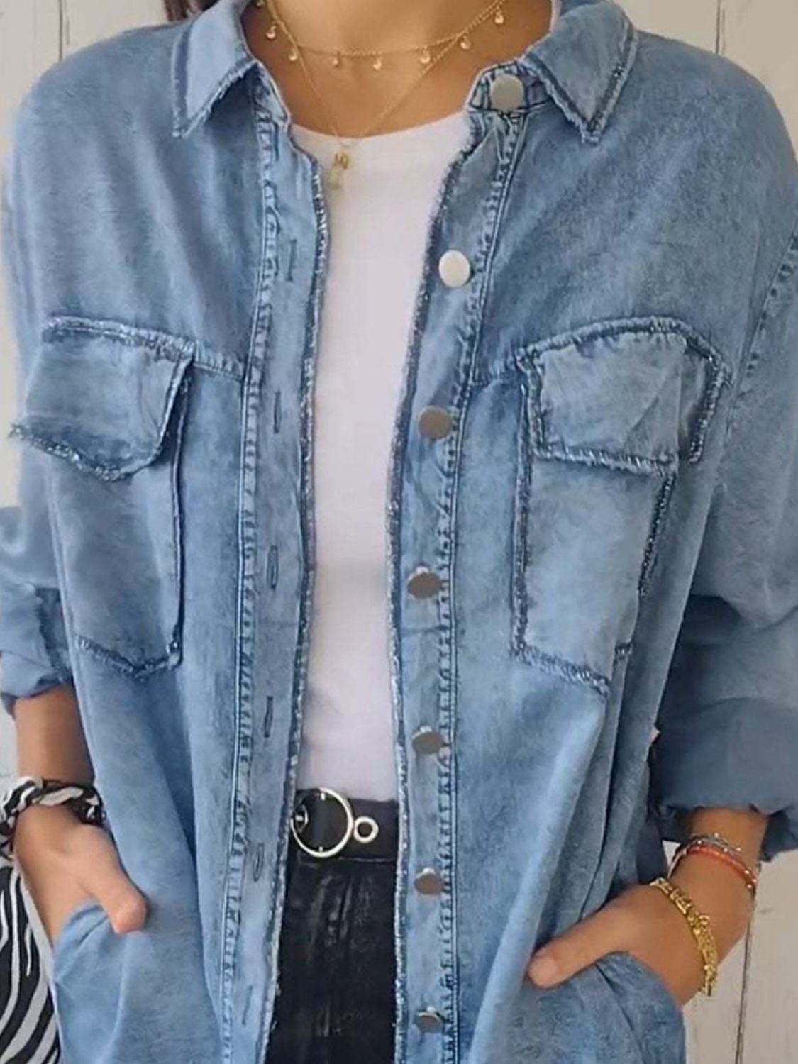 Raw Hem Button Up Long Sleeve Denim Top