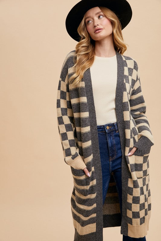 ZsaZsa Checkered & Striped Open Front Long Sleeve Cardigan