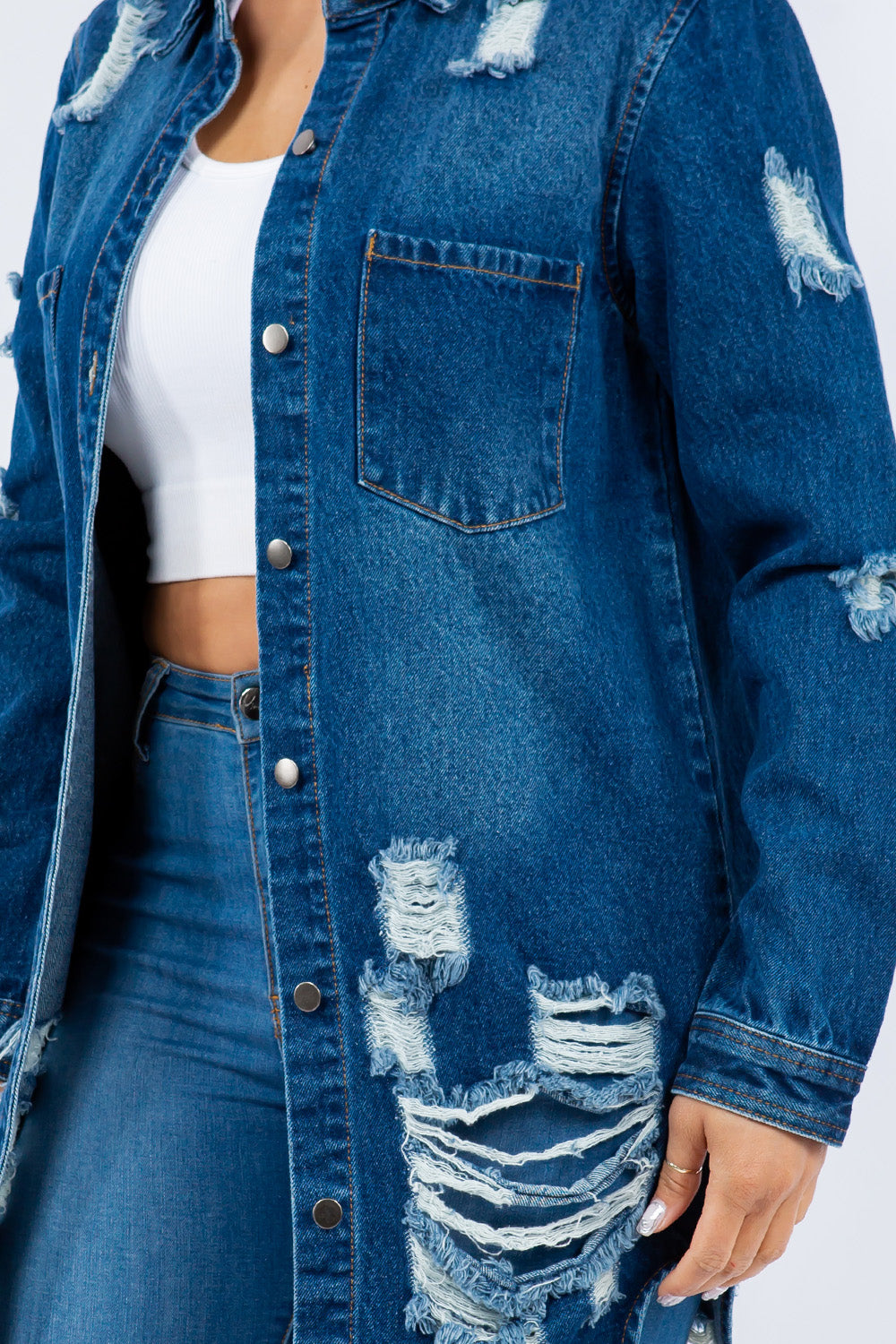 Distressed Button Up Long Sleeve Denim