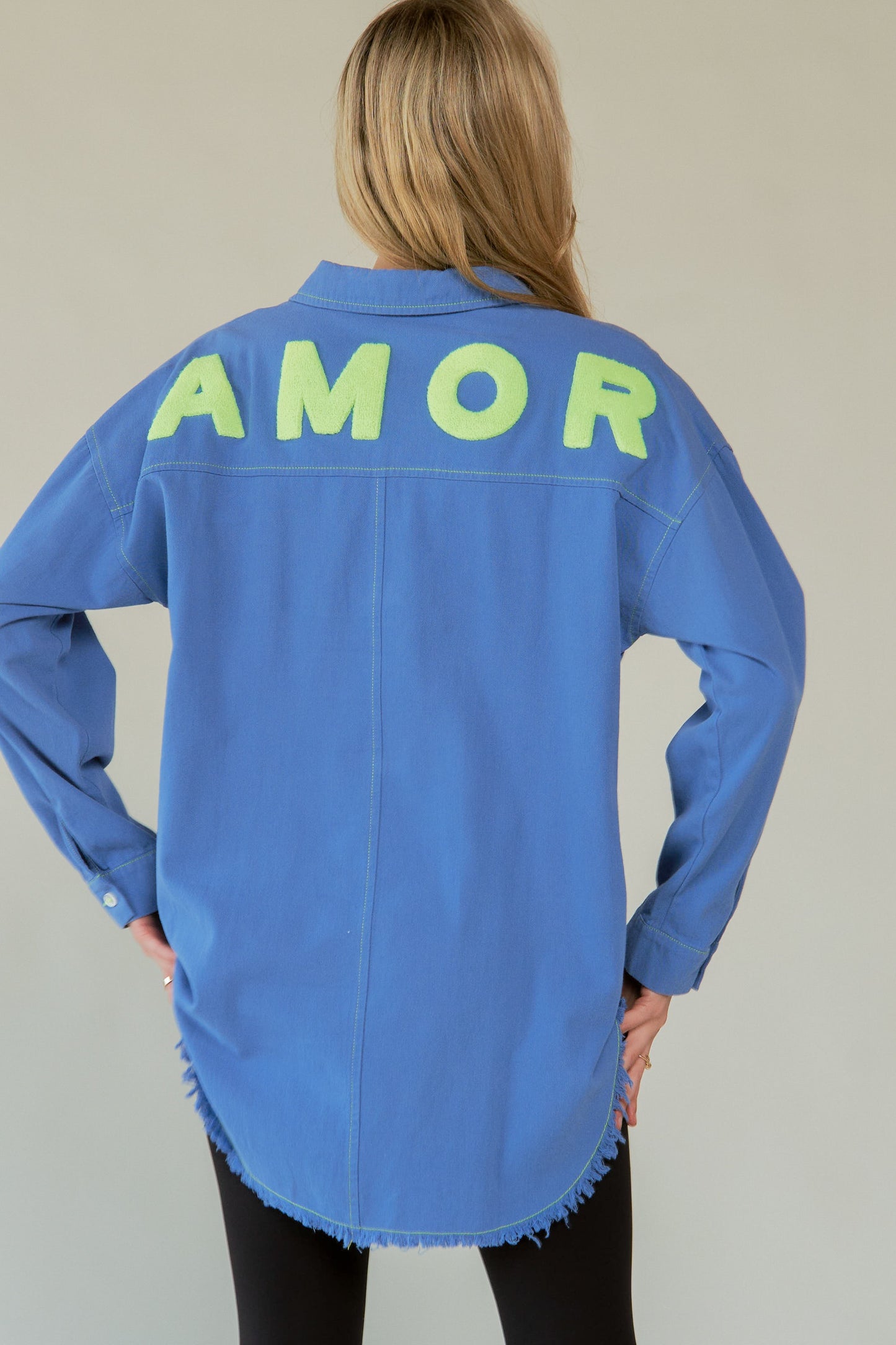 AMOR Letter Back Raw Hem Half Button Shirt