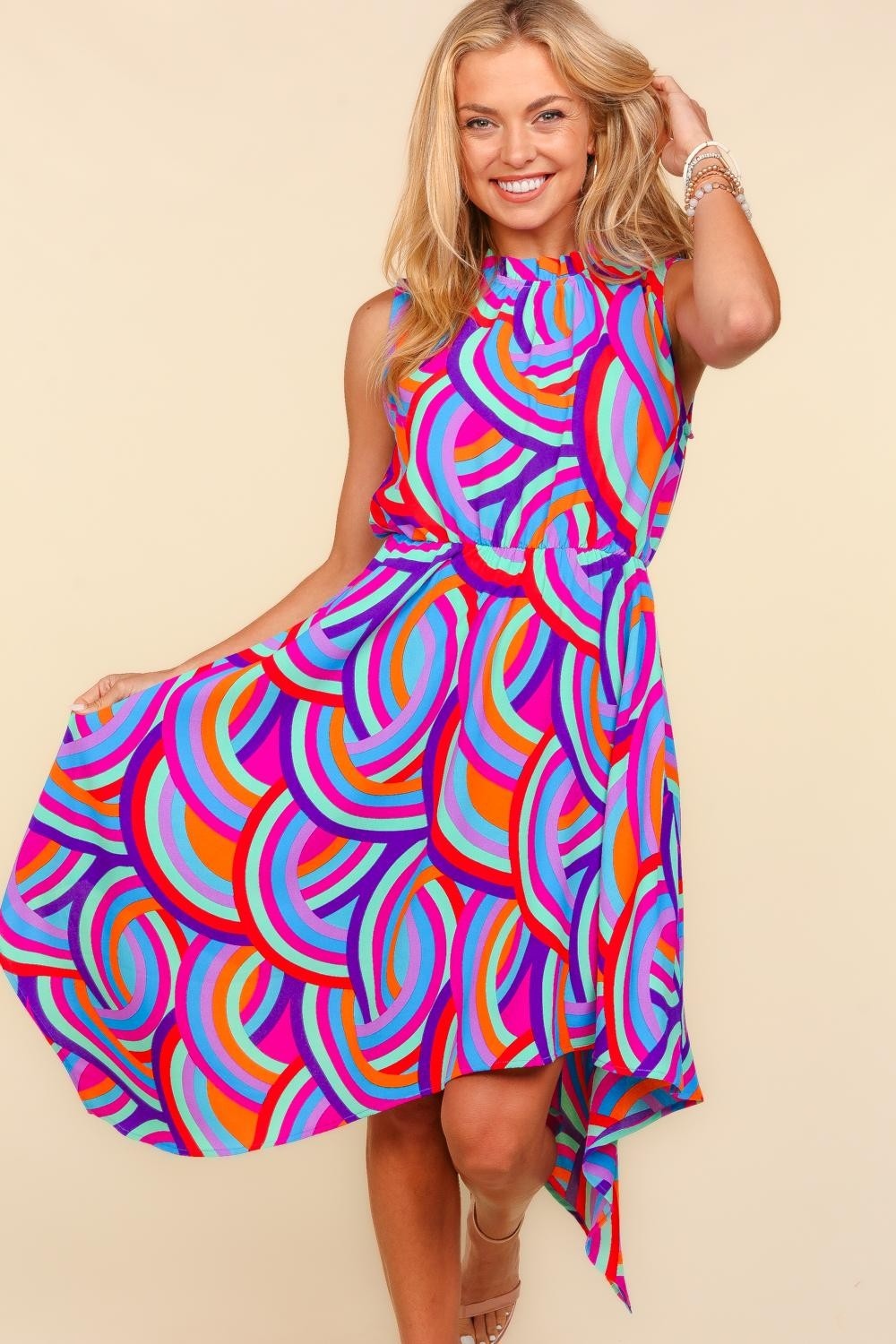 Kaleidoscope Mock Neck Sleeveless Printed Dress