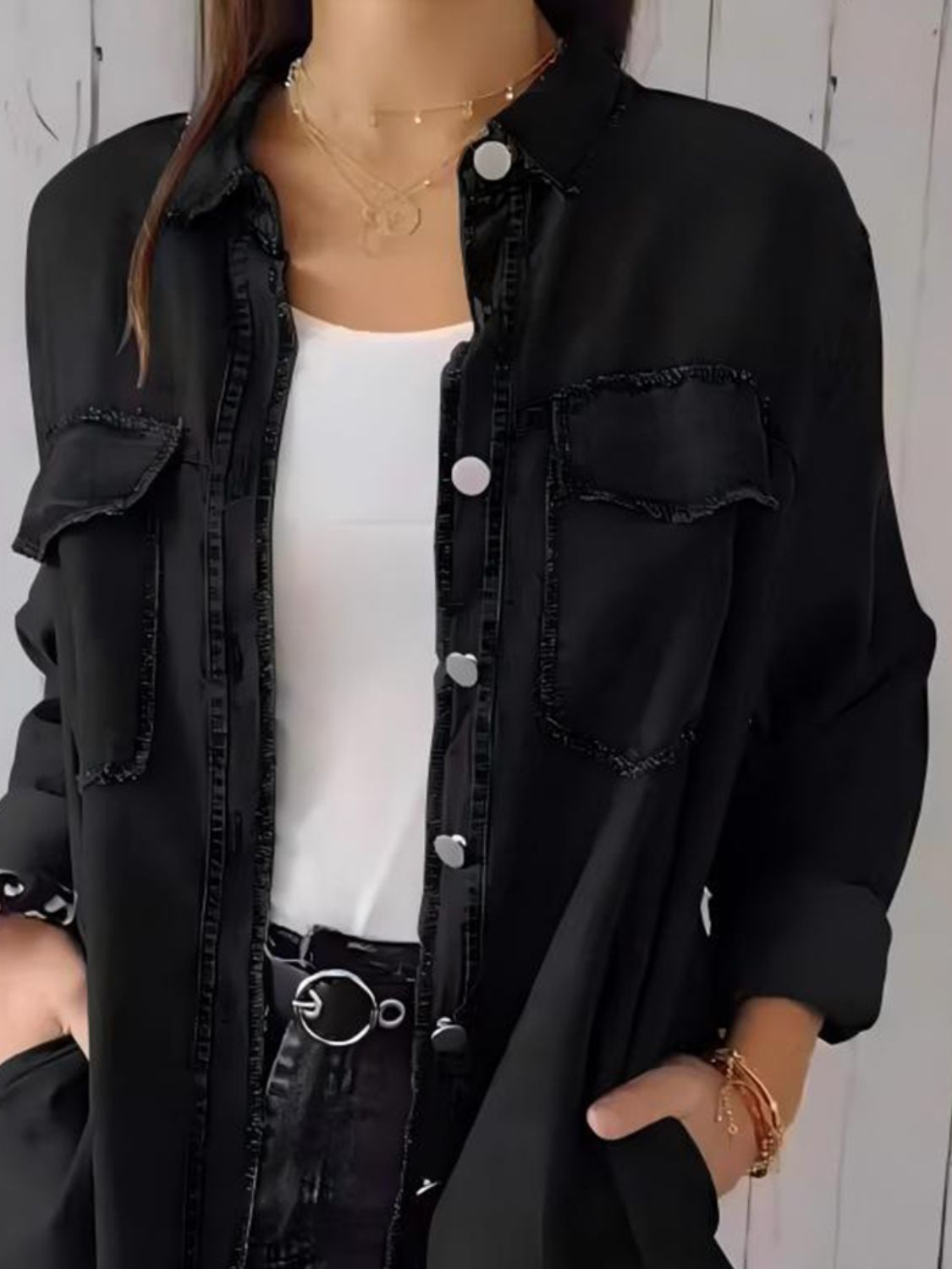 Raw Hem Button Up Long Sleeve Denim Top