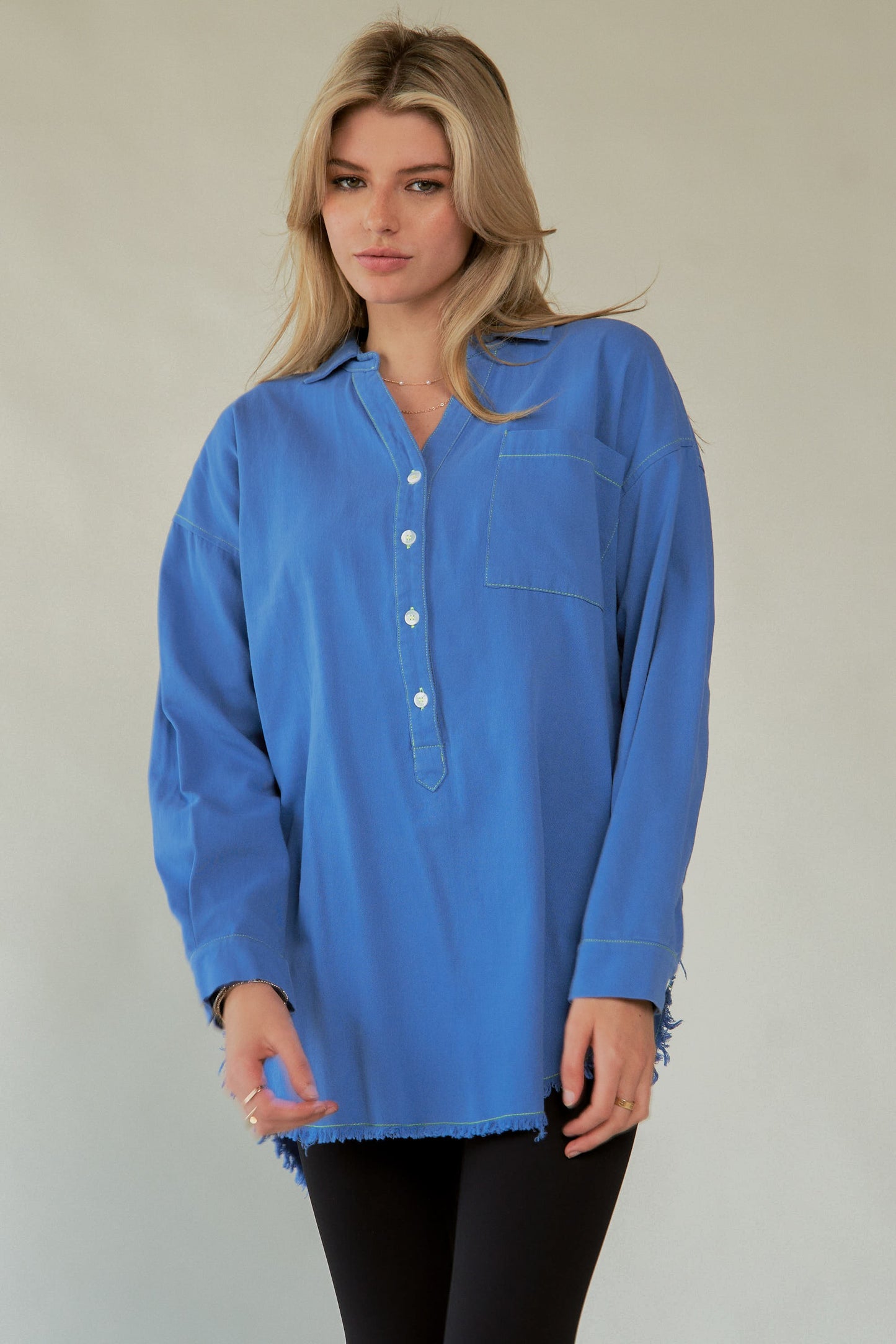 AMOR Letter Back Raw Hem Half Button Shirt