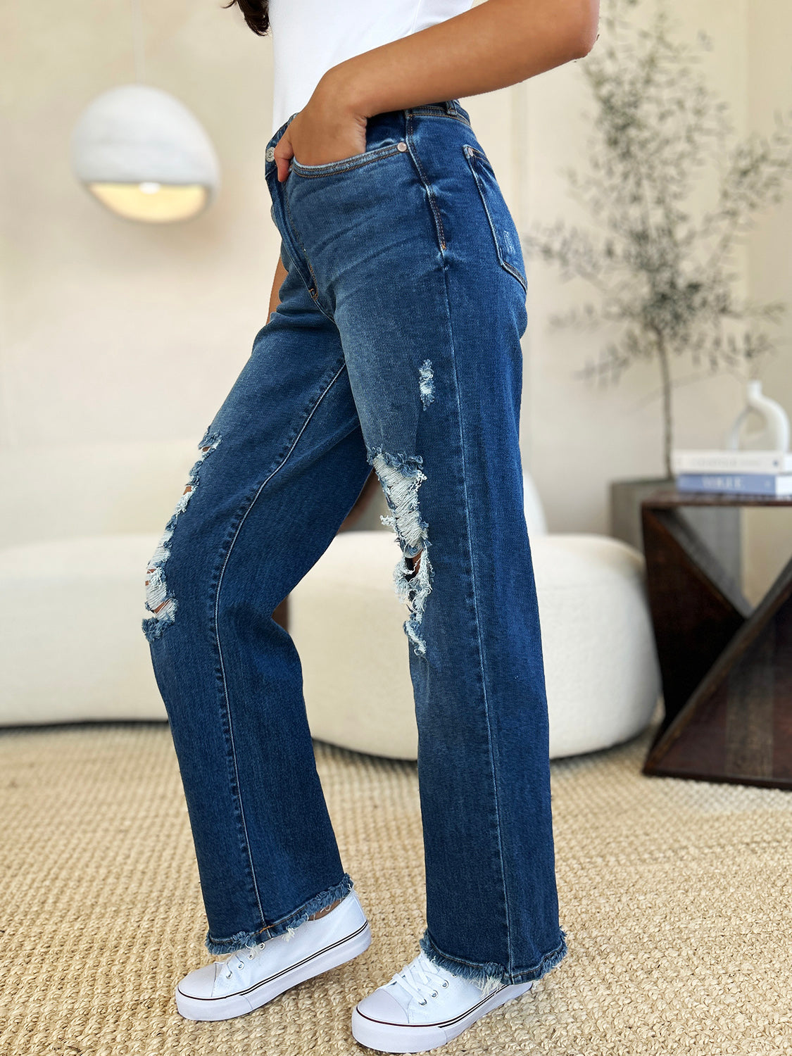 Raquel Mid Rise Distressed Raw Hem Jeans