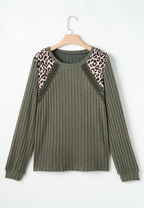 Here Kitty Kitty Leopard Round Neck Long Sleeve T-Shirt