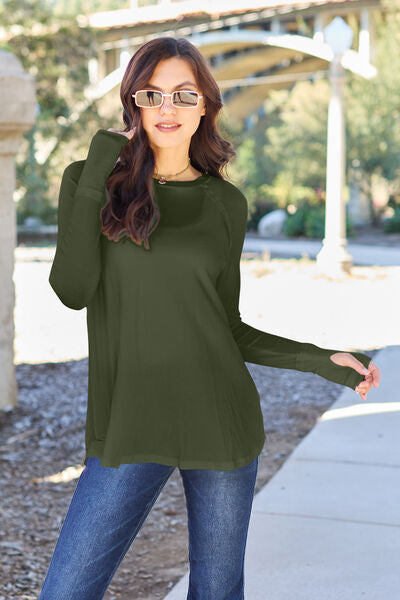 Round Neck Long Sleeve T-Shirt w/Thumbholes