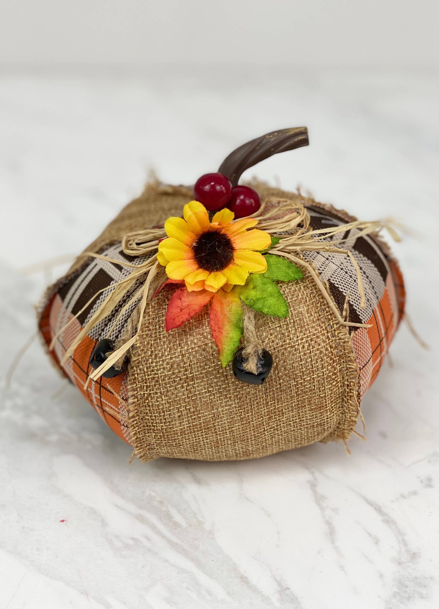Tan Burlap Plaid 12in Pumpkin