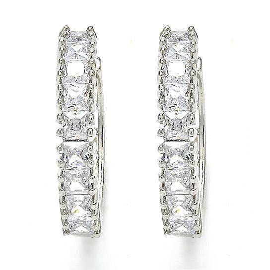 Rhodium Plated Huggie Hoop, With Cubic Zirconia