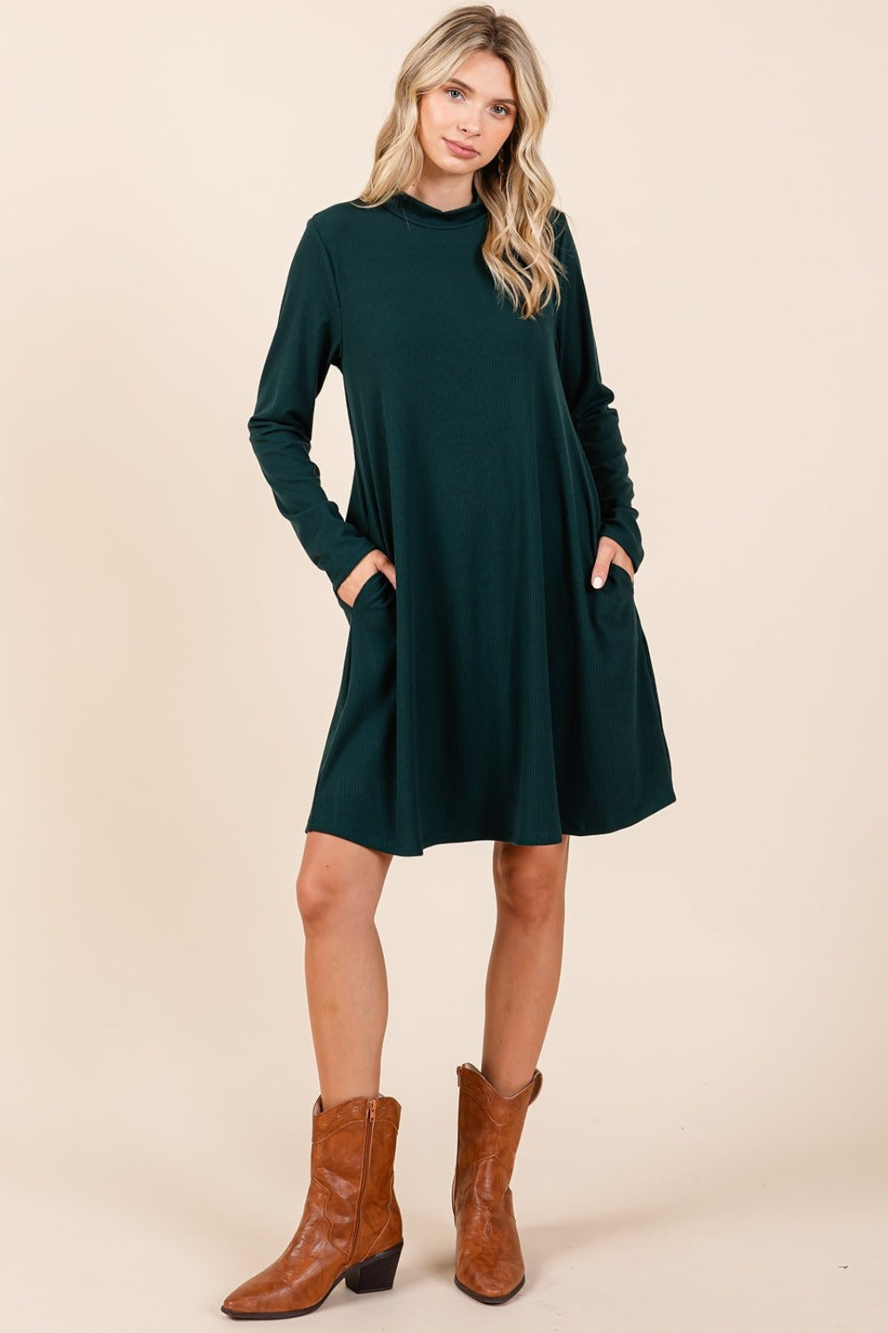 Mock Neck Long Sleeve Dress with Pockets