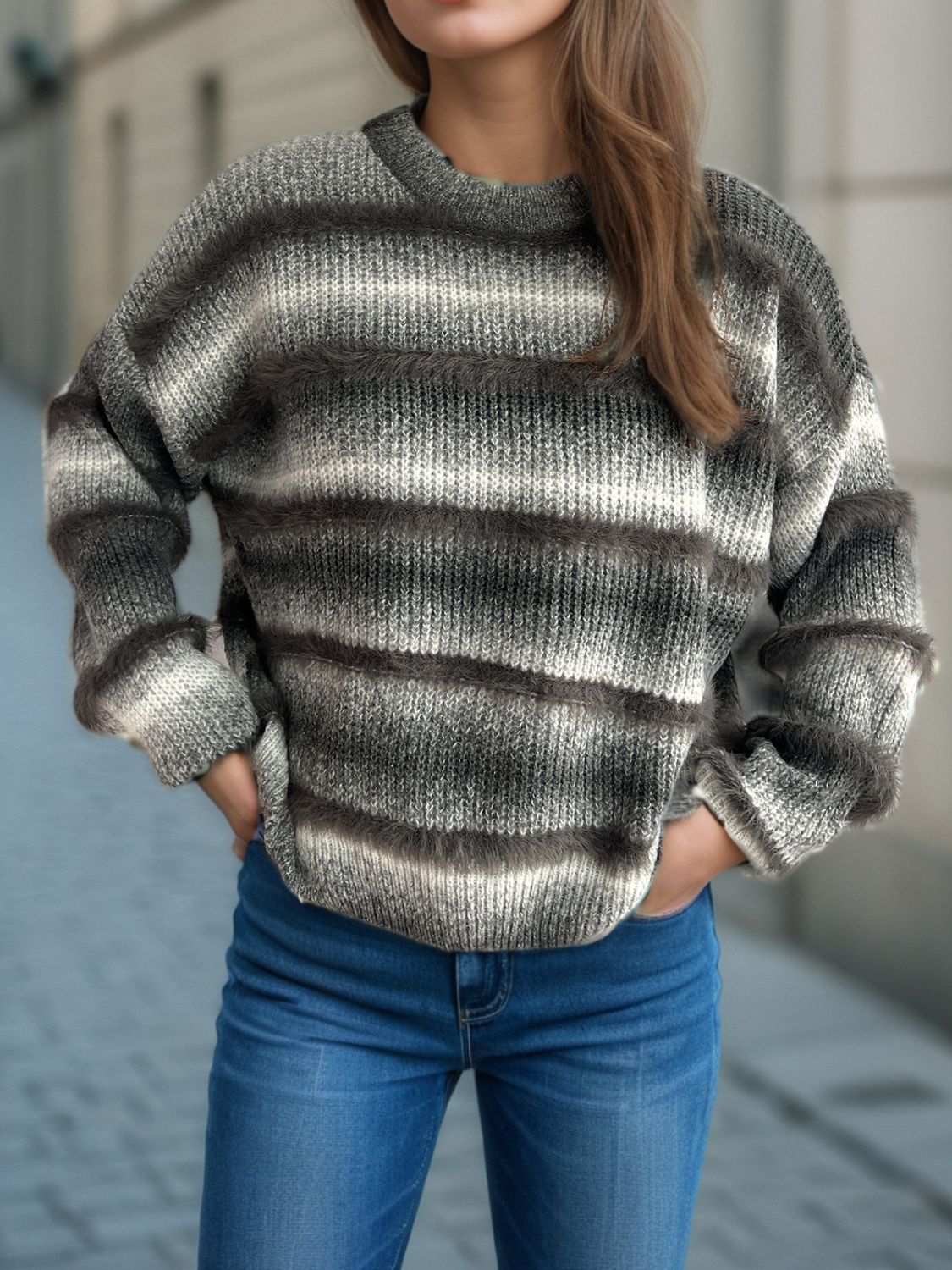 Out of Focus Gradient Round Neck Dropped Shoulder Sweater