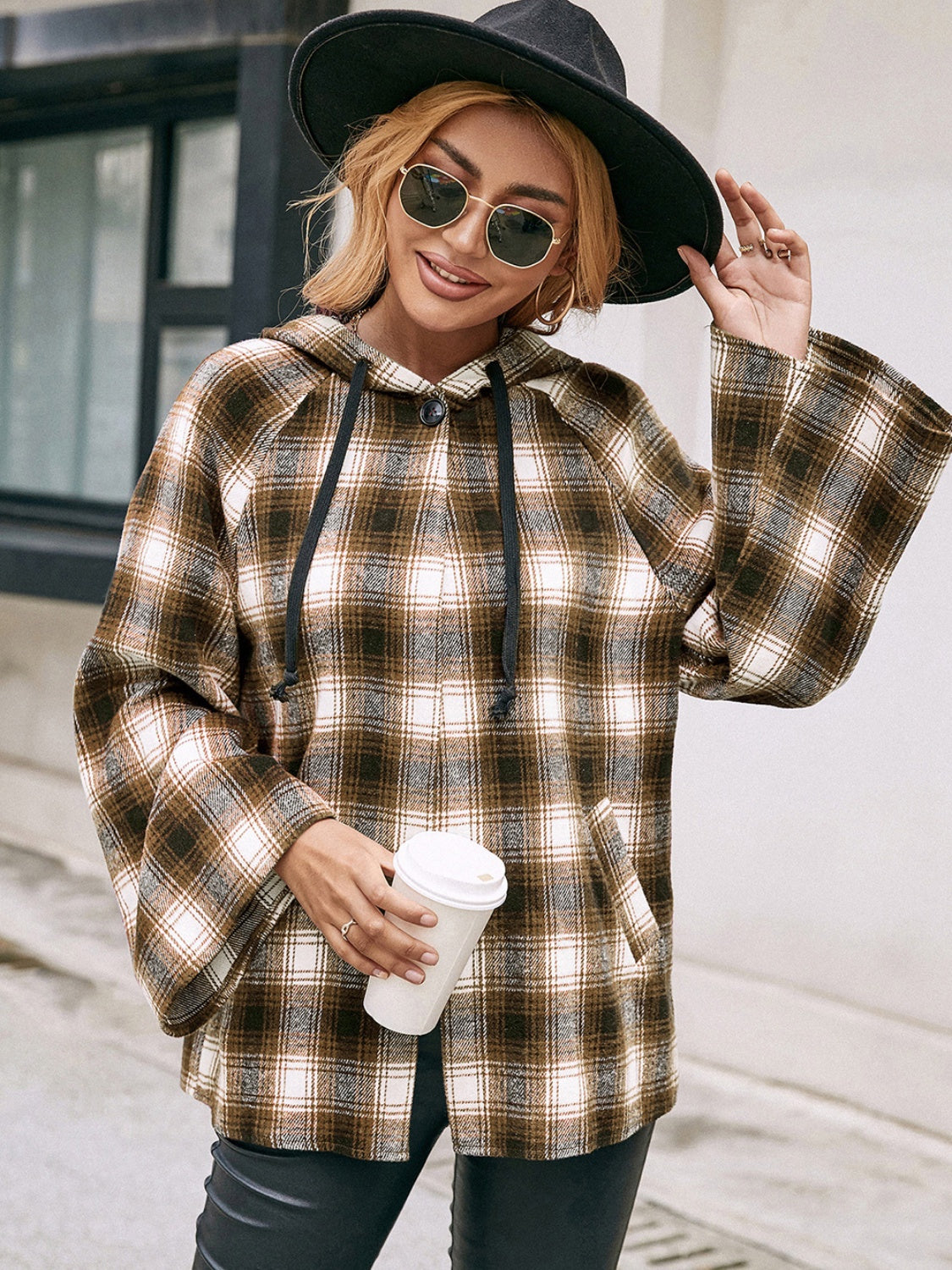 Pocketed Plaid Long Sleeve Hooded