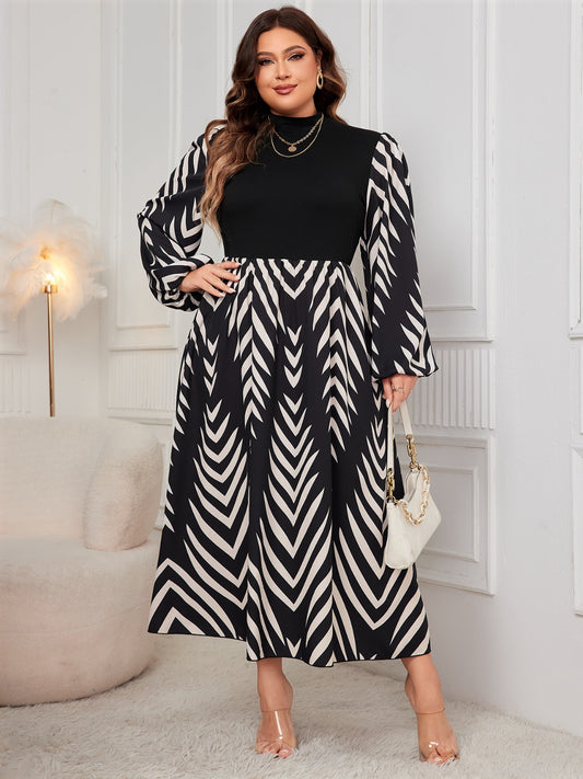 Plus Printed Mock Neck Long Sleeve Midi Dress