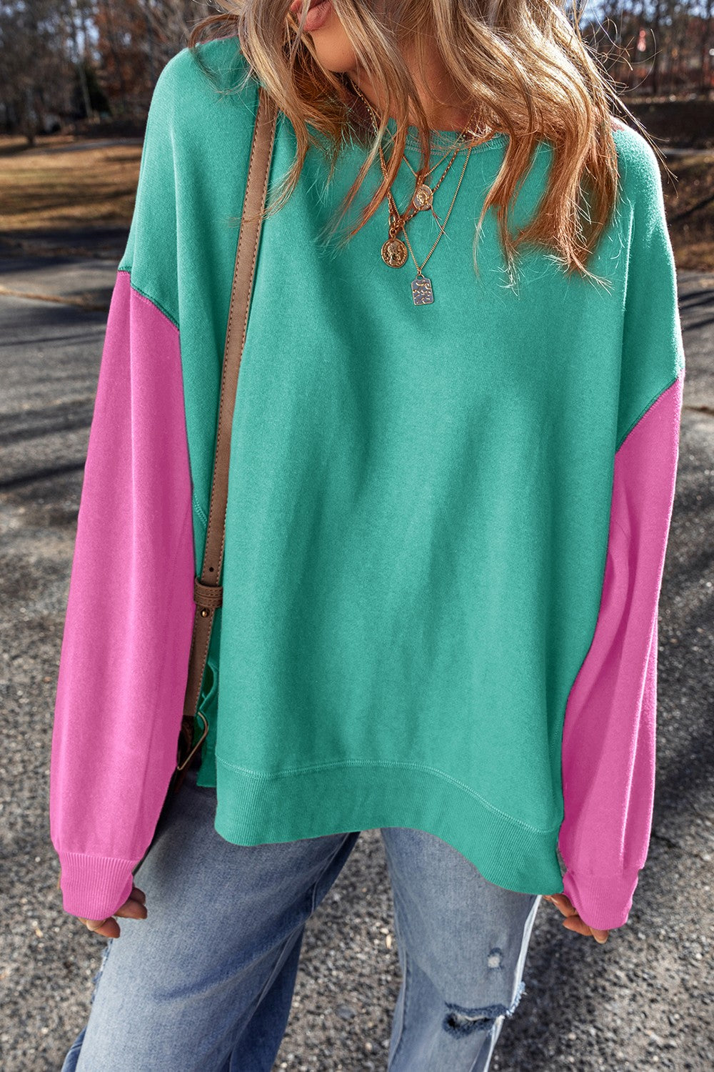 Contrast Round Neck Long Sleeve Sweatshirt