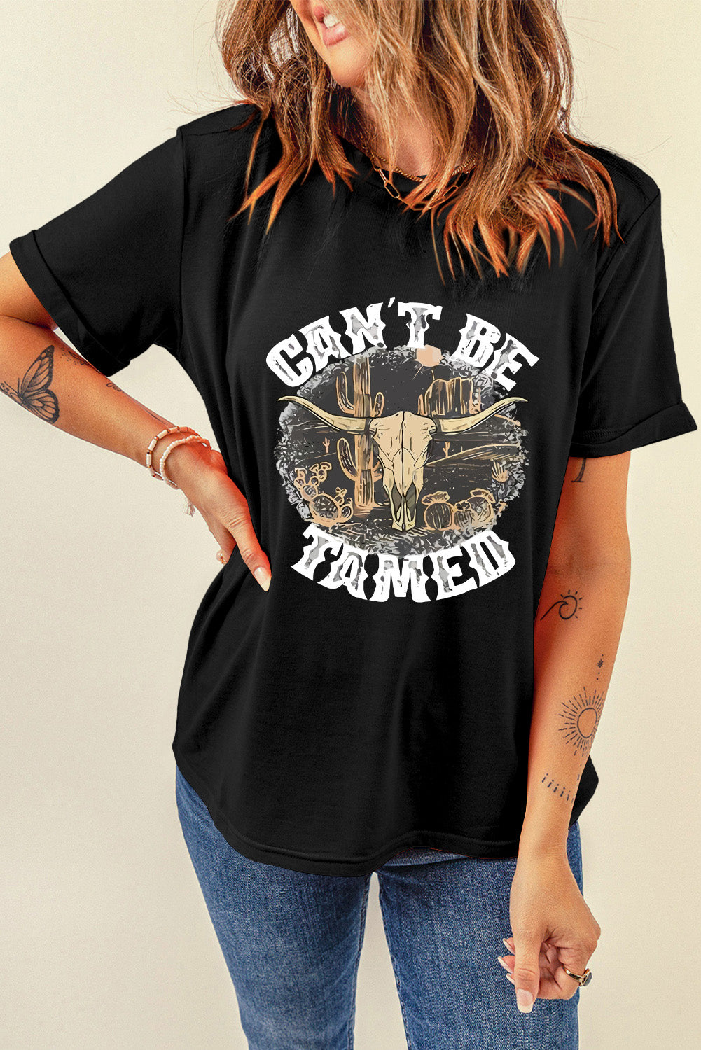 CAN'T BE TAMED Graphic Round Neck Short Sleeve T-Shirt