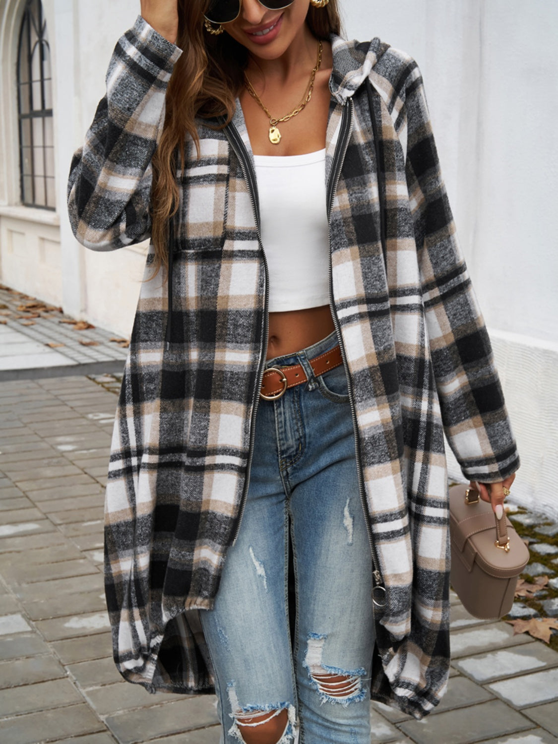 Plaid Zip Up Hooded Top