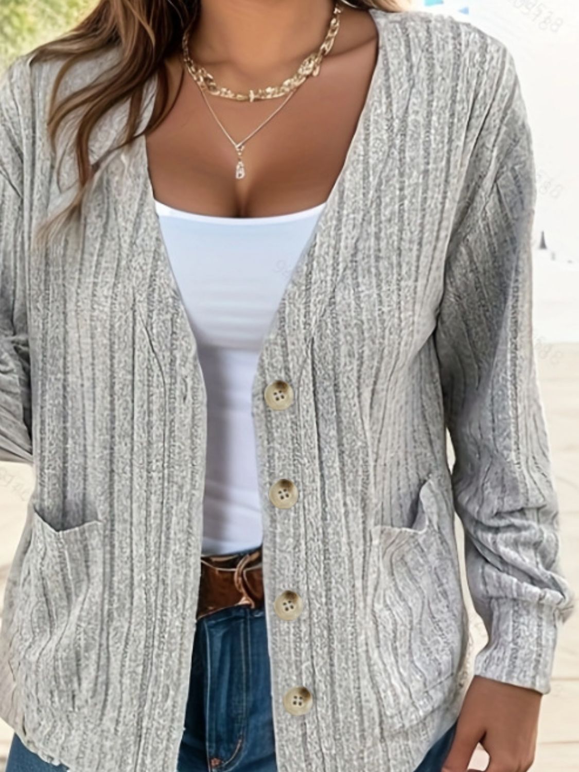 Button Up V-Neck Long Sleeve Cardigan