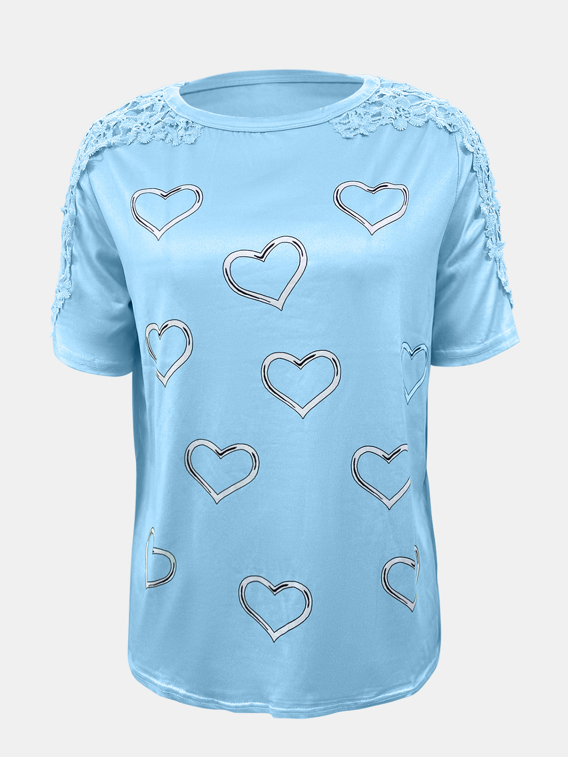 Lace Detail Heart Round Neck Short Sleeve Top