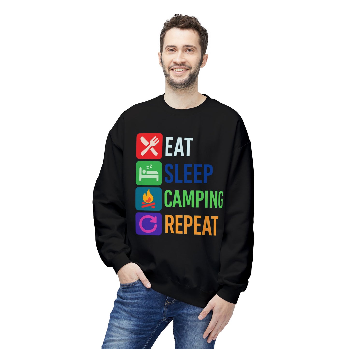 Eat Sleep Camping Repeat Unisex Softstyle Fleece Crewneck
