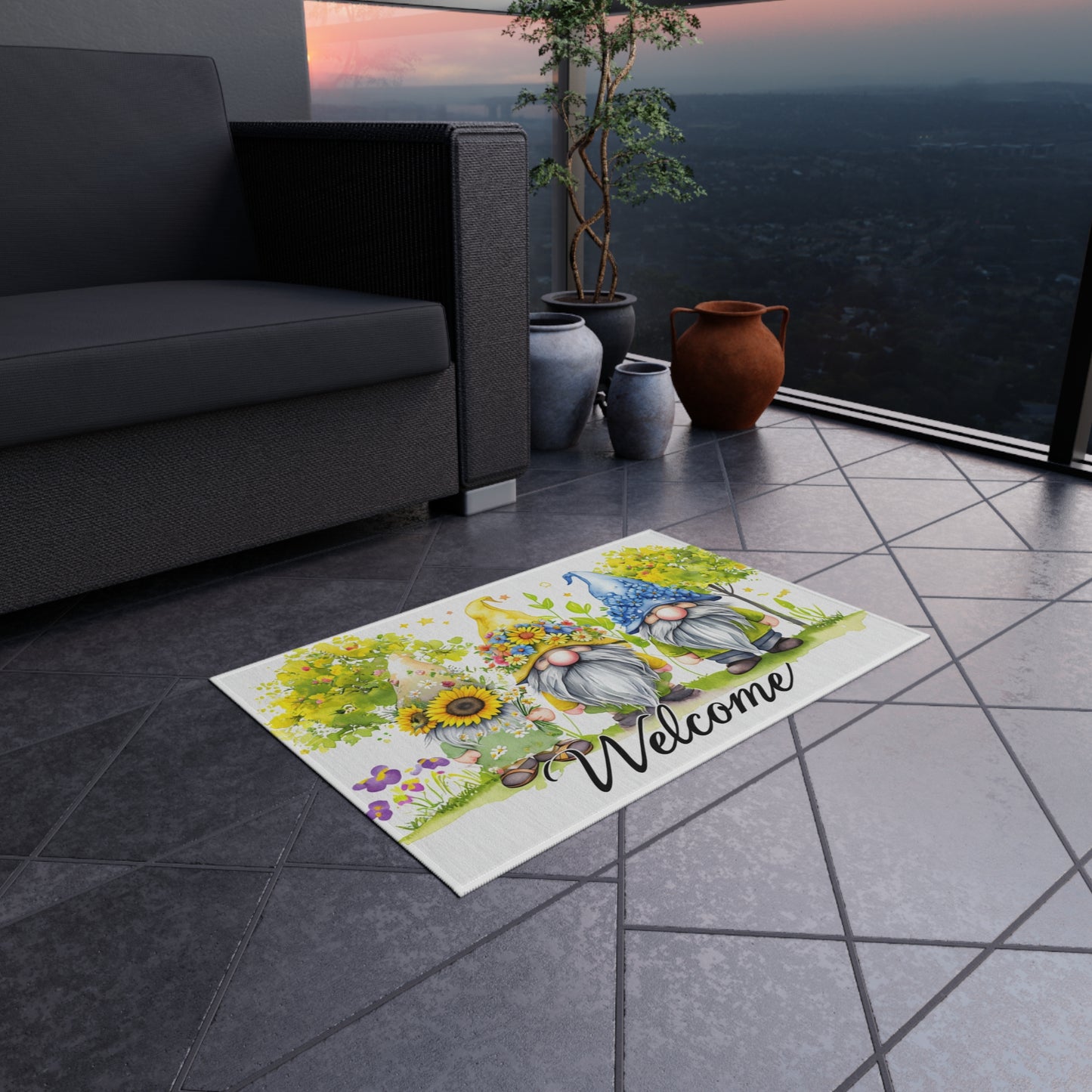 Summer Floral Welcome Gnome Outdoor Rug