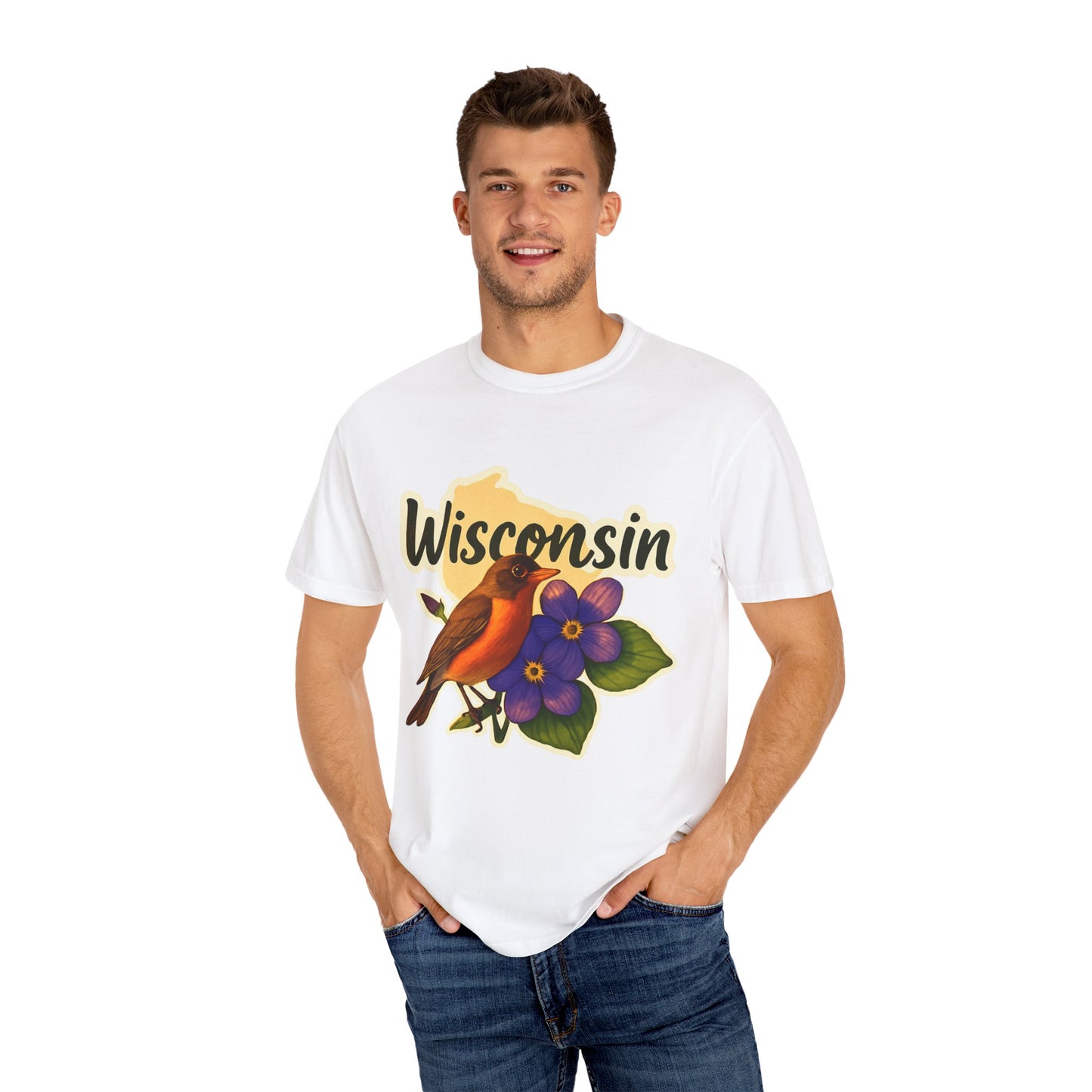 Wisconsin Bird Floral T-Shirt, Relaxed Unisex Tee, Nature Lover Gift, State Pride Apparel, Casual Wear, Birthday Gift, Eco-Friendly Fashion