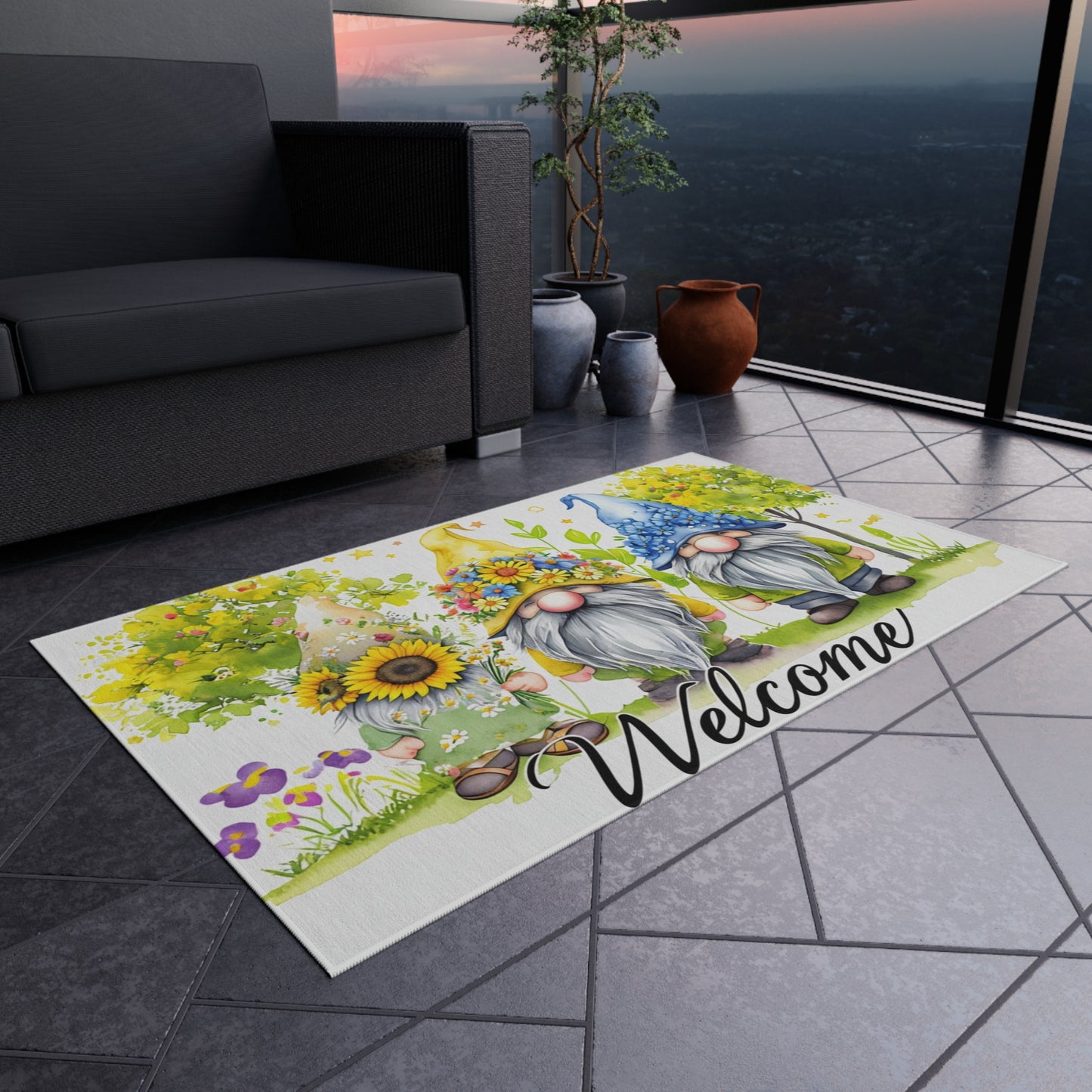 Summer Floral Welcome Gnome Outdoor Rug