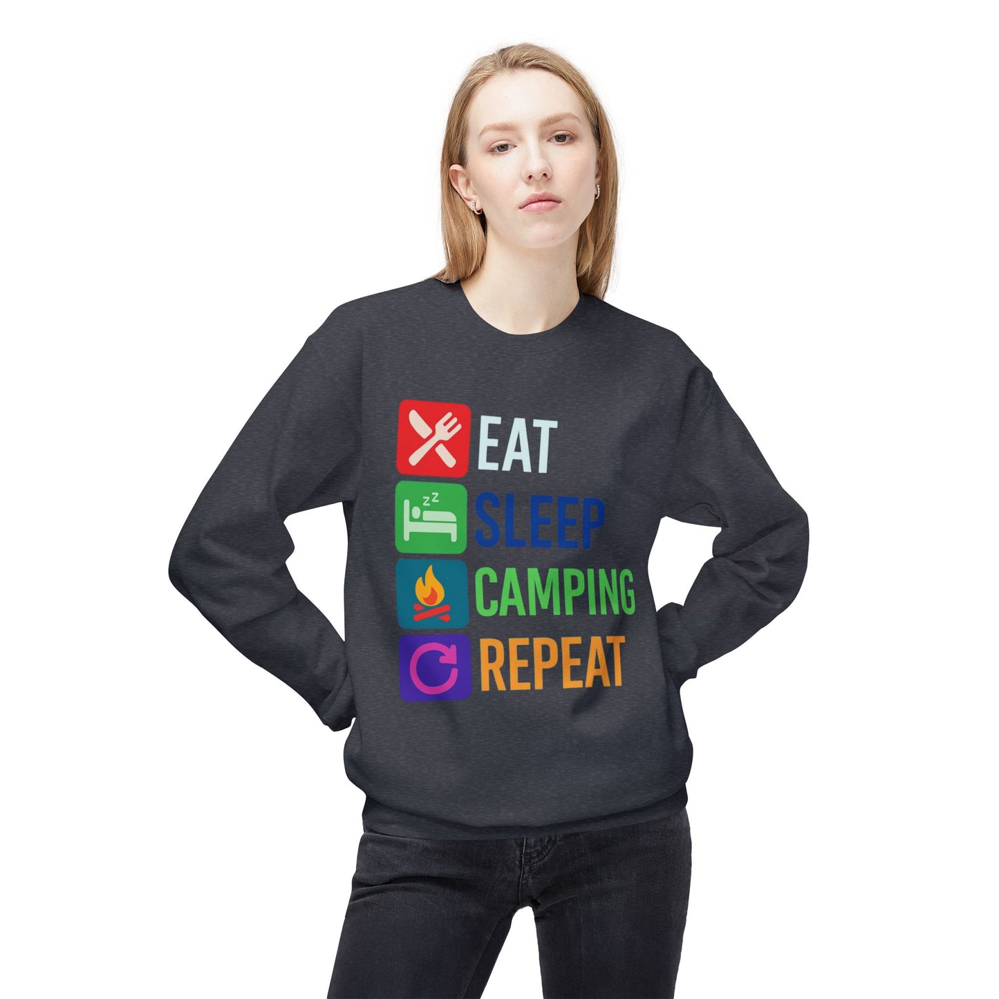 Eat Sleep Camping Repeat Unisex Softstyle Fleece Crewneck