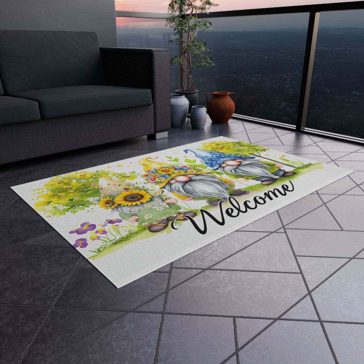 Summer Floral Welcome Gnome Outdoor Rug
