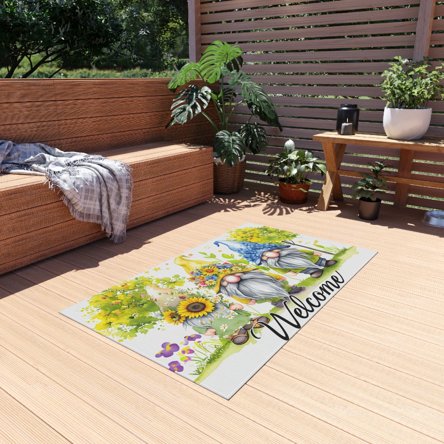 Summer Floral Welcome Gnome Outdoor Rug