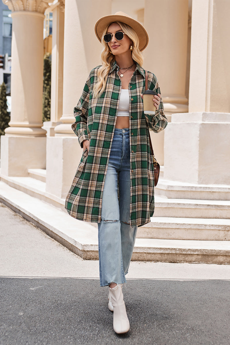 Plaid Collared Neck Long Sleeve Coat