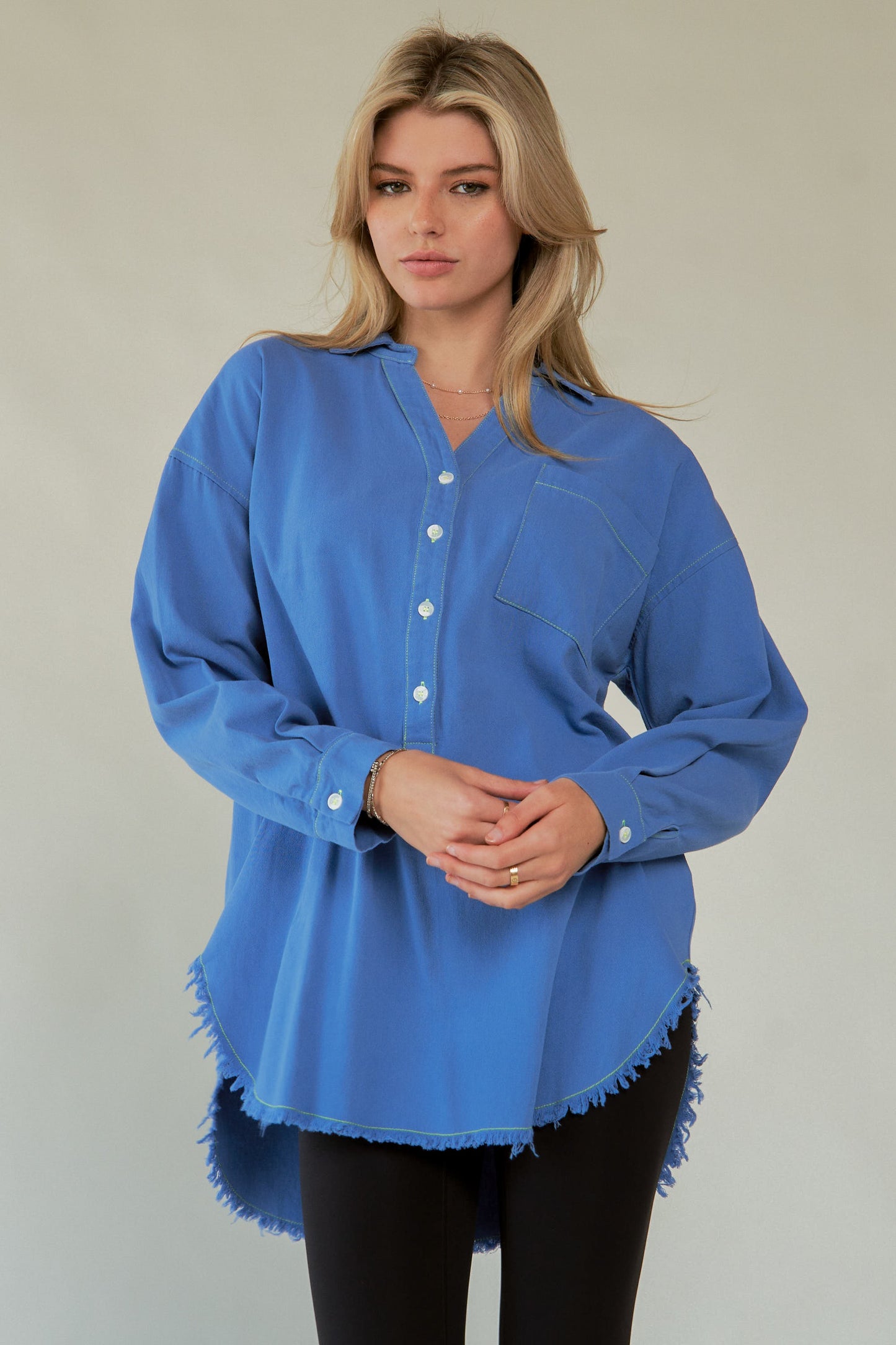 AMOR Letter Back Raw Hem Half Button Shirt