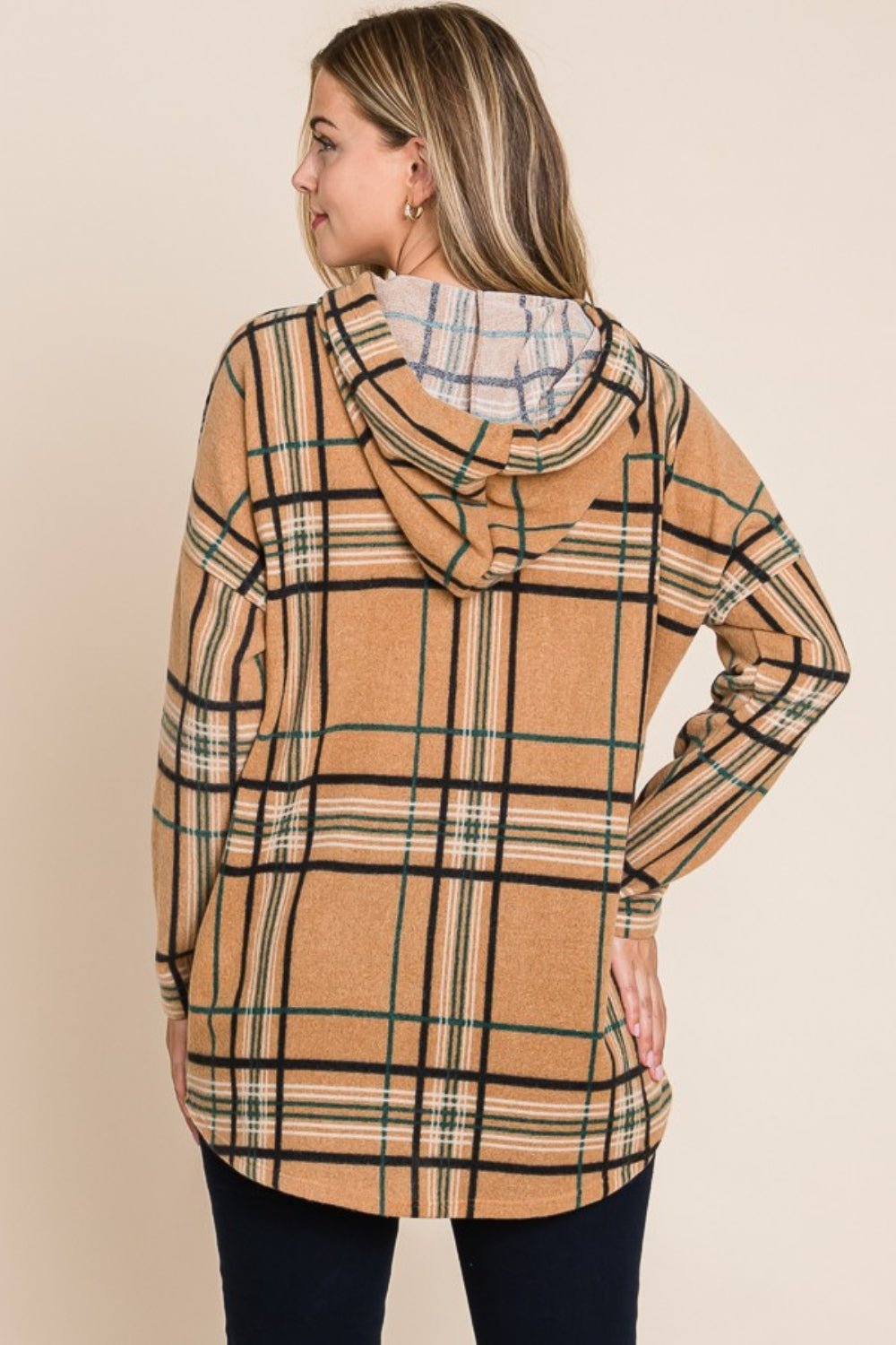 Drawstring Plaid Long Sleeve Hoodie